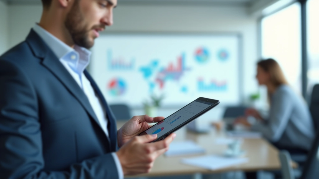 Person analysiert Daten auf Tablet in modernem Konferenzraum