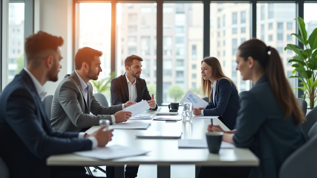 Modernes Büro mit internationalen Fachleuten an Konferenztisch diskutieren Wirtschaftstrends