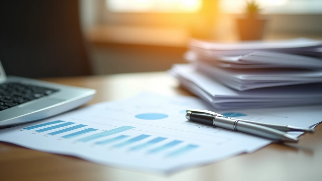 Finanzberichte und Geschäftsdaten auf Papierstapel mit Taschenrechner und Stift auf Schreibtisch