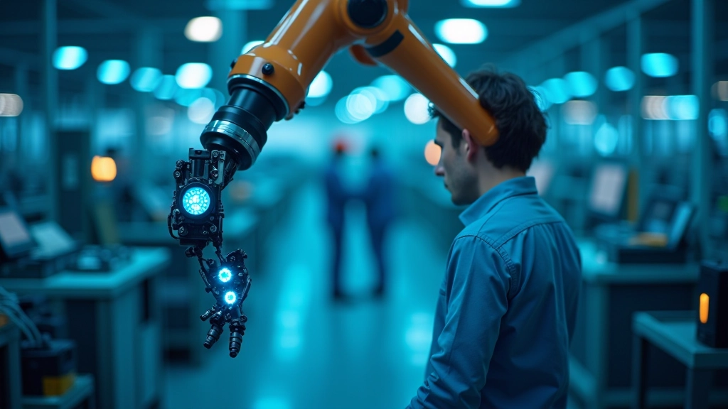 Industrielle Fertigungsanlage mit Roboterarm und modernen Sensoren in moderner Fabrik