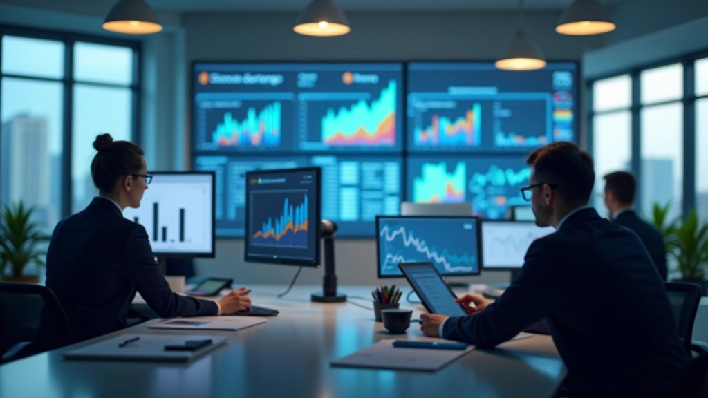 Modernes Büro mit Wirtschaftsanalysen und Datenvisualisierungen