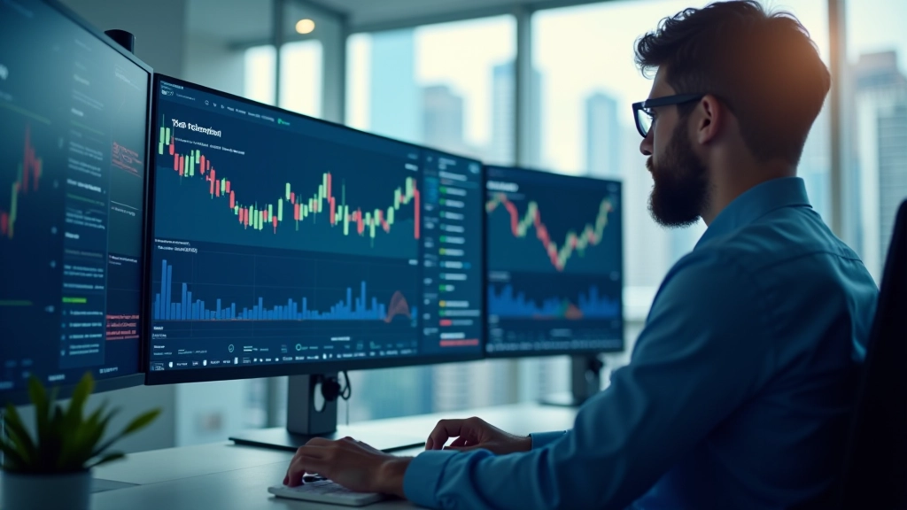 Modernes Büro mit mehreren Monitoren zeigt Finanzdiagramme und Datenanalysen