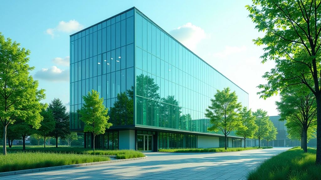 Modernes Technologiepark-Gebäude mit Glasfassade, grüne Architektur, Arbeitsbereiche mit Tageslicht