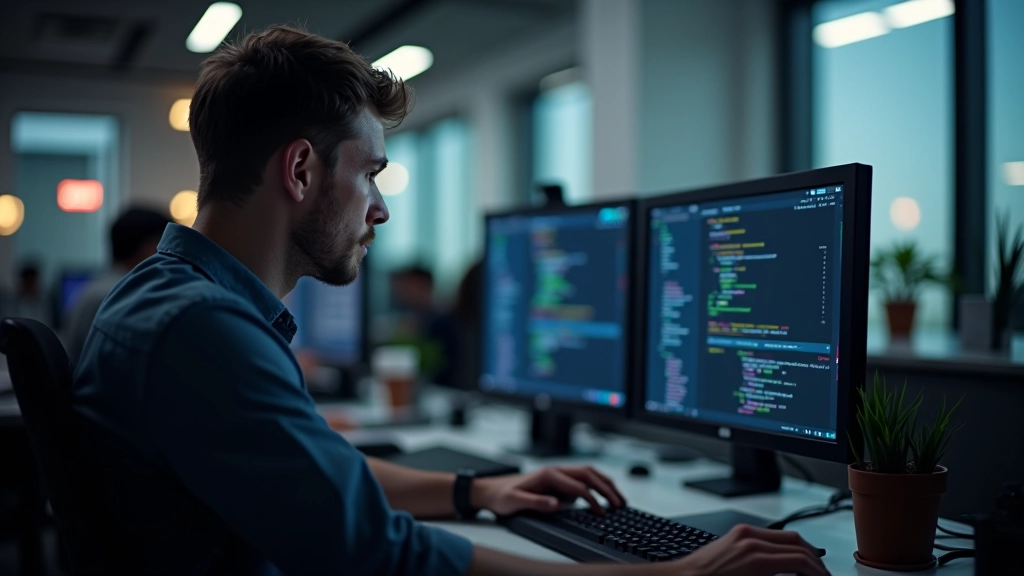 Softwareentwickler bei der Arbeit an Computer-Workstation mit mehreren Bildschirmen, konzentrierte Programmierarbeit